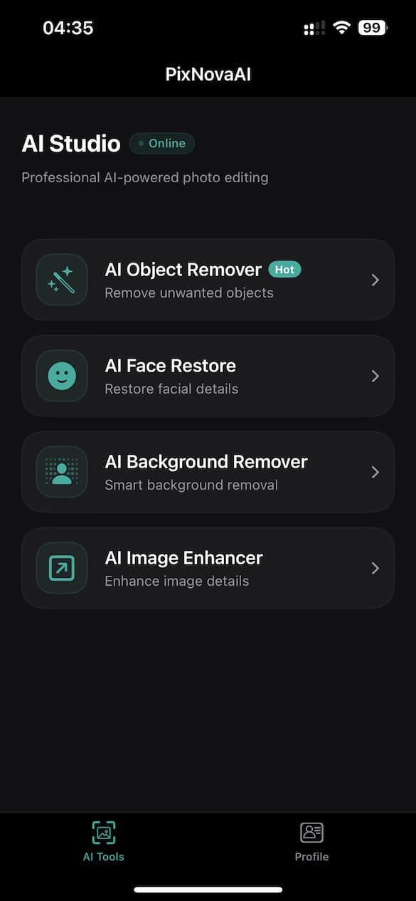 PixNovaAI app interface